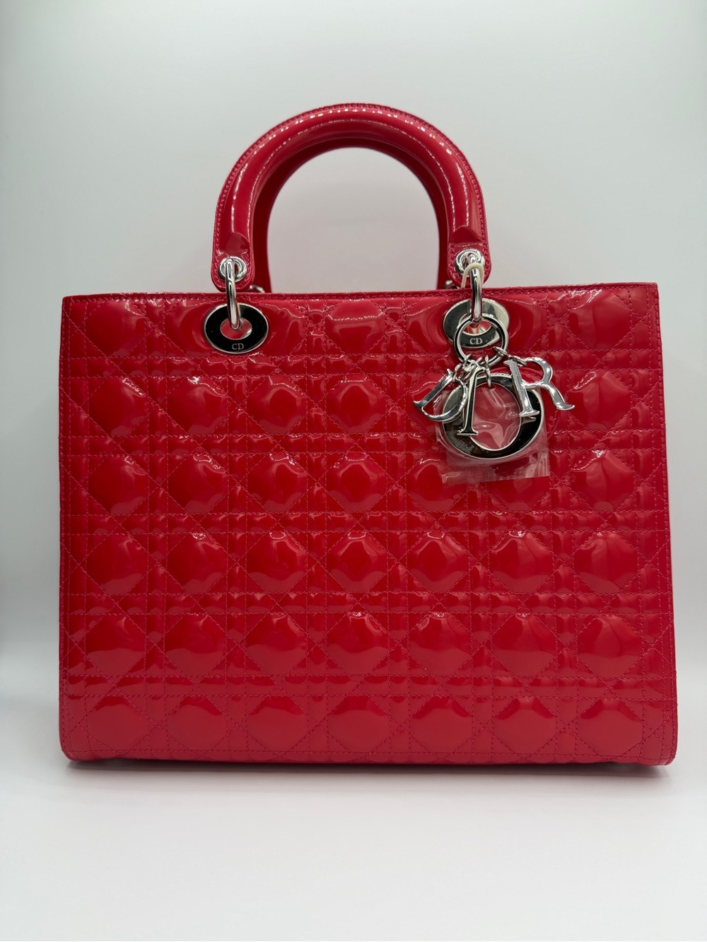 Authentic Christian Dior Large Lady Dior Patent Cannage Pink Red Patent Leather